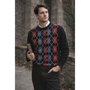 Geoffrey Beene‎ Men's XL Argyle Sweater Eclectic Grandpa Cotton Crewneck Retro